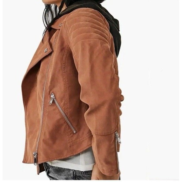We The Free People Women’s Medium black Hood Tan Camel Vegan Leather Moto Jacket - Picture 7 of 9